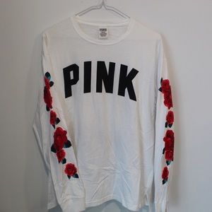 White long sleeve PINK shirt with roses.